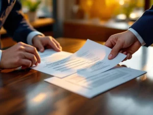 Twee handen ruilen arbeidscontract uit over houten bureau, zakenpersoon en bouwvakker, gouden licht op documenten