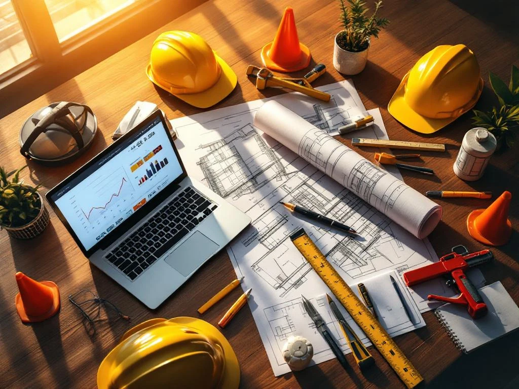 Bovenaanzicht van modern bouwbureau met blauwdrukken, helmen en laptop op houten bureau tijdens gouden uur
