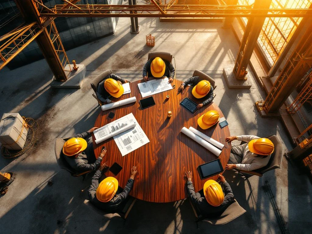 Bestuurstafel met gouden helmen en blauwdrukken op moderne bouwplaats met stalen balken en betonnen fundaties