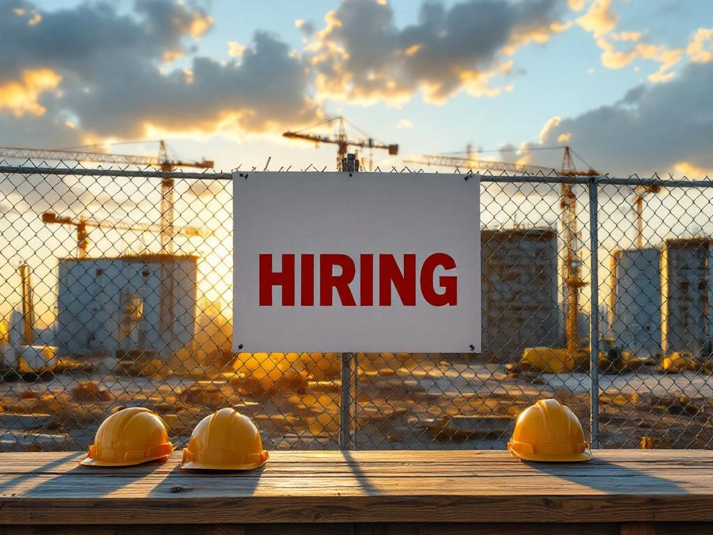 Grote "HIRING" wervingsbord op bouwplaats met helmen, kranen en lege voertuigen bij zonsondergang