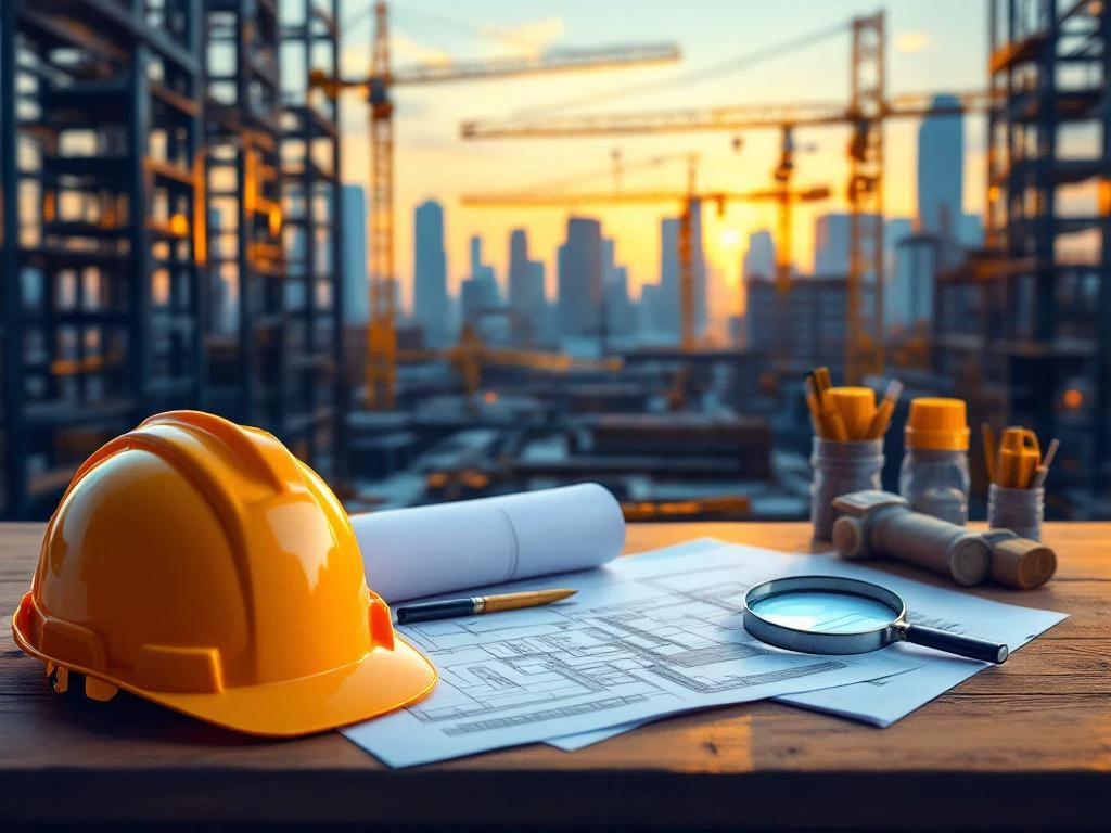 Bouwplaats met helmen, blauwdrukken en gereedschap op tafel, vergrootglas symboliseert werving in bouwsector