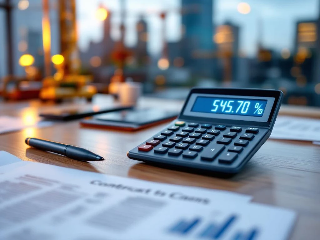 Calculator toont conversiepercentages op bureau met Nederlandse detacheringscontracten en pen, kantoorgebouwen op achtergrond