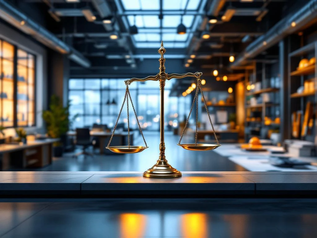 Twee kantooromgevingen verbonden door weegschaal van justitie: detacheringsbureau links, technisch bedrijf rechts