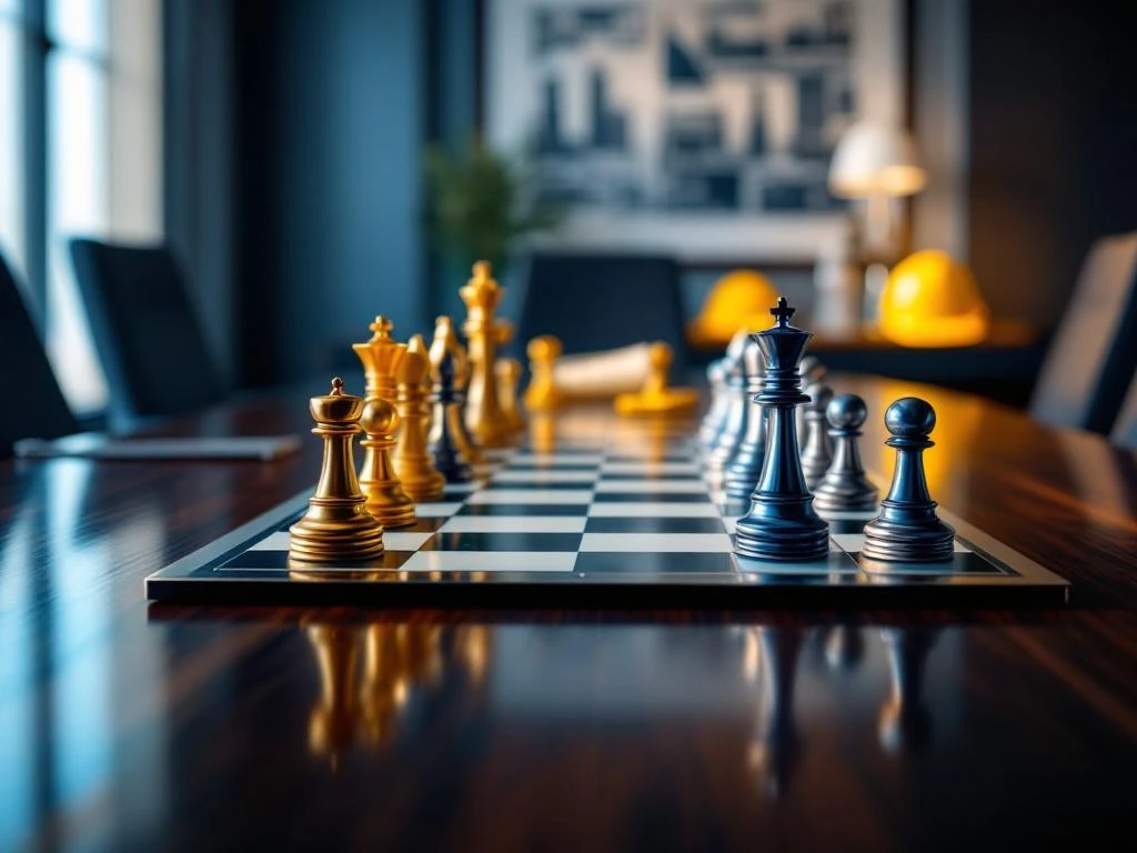 Gouden en zilveren schaakstukken op mahoniehout vergadertafel met bouwhelmen en blauwdrukken op achtergrond