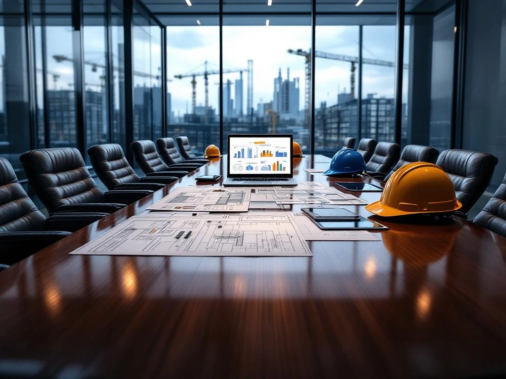 Directiekamer met mahonie vergadertafel, blauwdrukken, helmen en tablets met technische schema's, constructiekranen zichtbaar