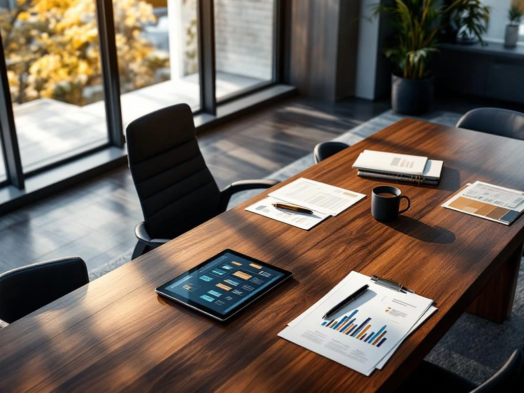 Lege directiestoel aan moderne bestuurstafel met documenten, tablet en vergrootglas in luxe kantoor