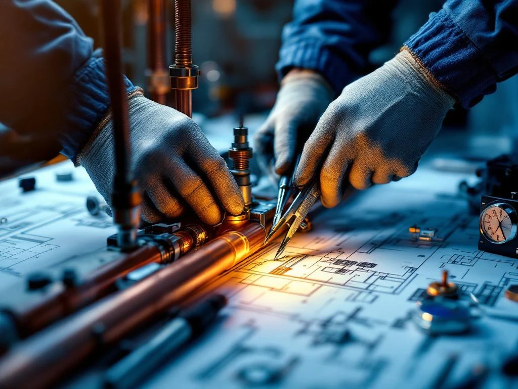 Vakkundige handen in werkhandschoenen stellen HVAC-apparatuur af met precisietools op werkbank met koperen leidingen