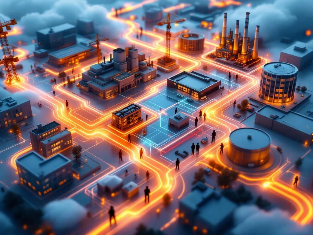 Luchtfoto van moderne industriële complexen verbonden door gloeiende paden die personeelsstromen tussen sectoren tonen