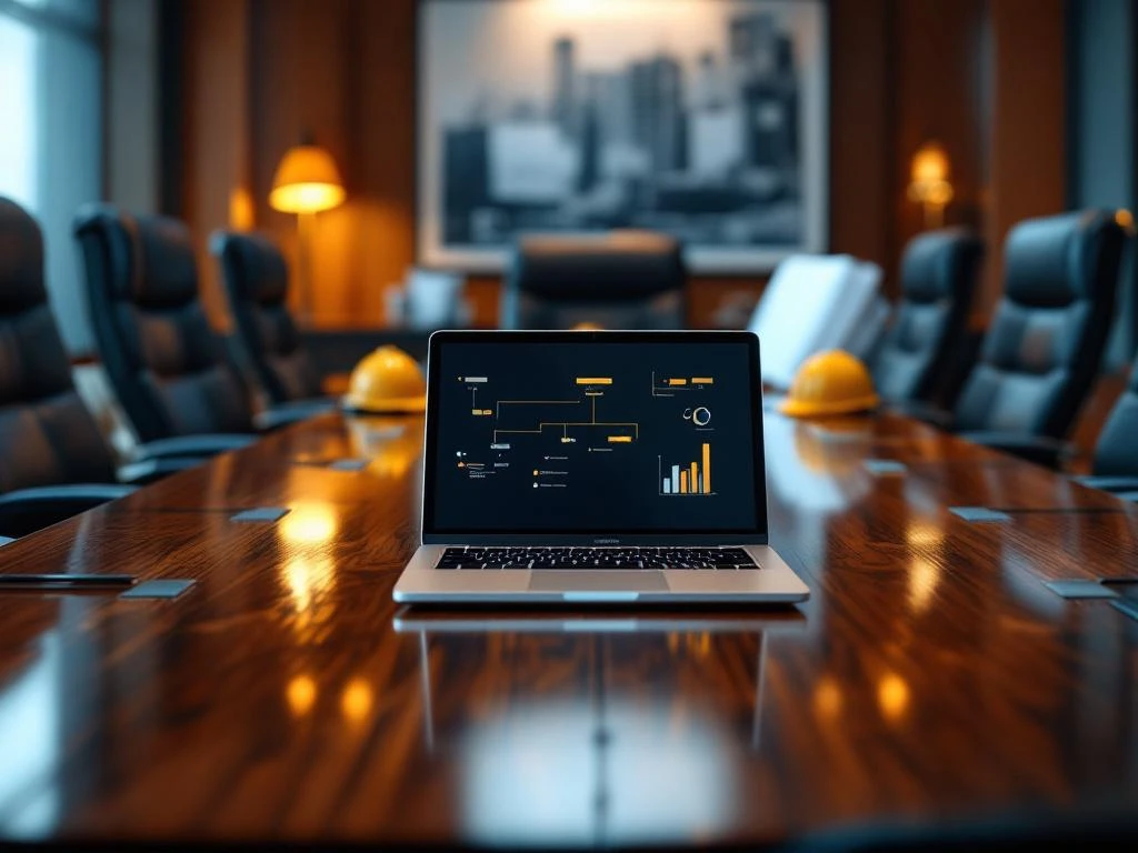 Mahonie bestuurstafel met laptop met organogrammen, lege stoelen en bouwhelmen op achtergrond voor interim management