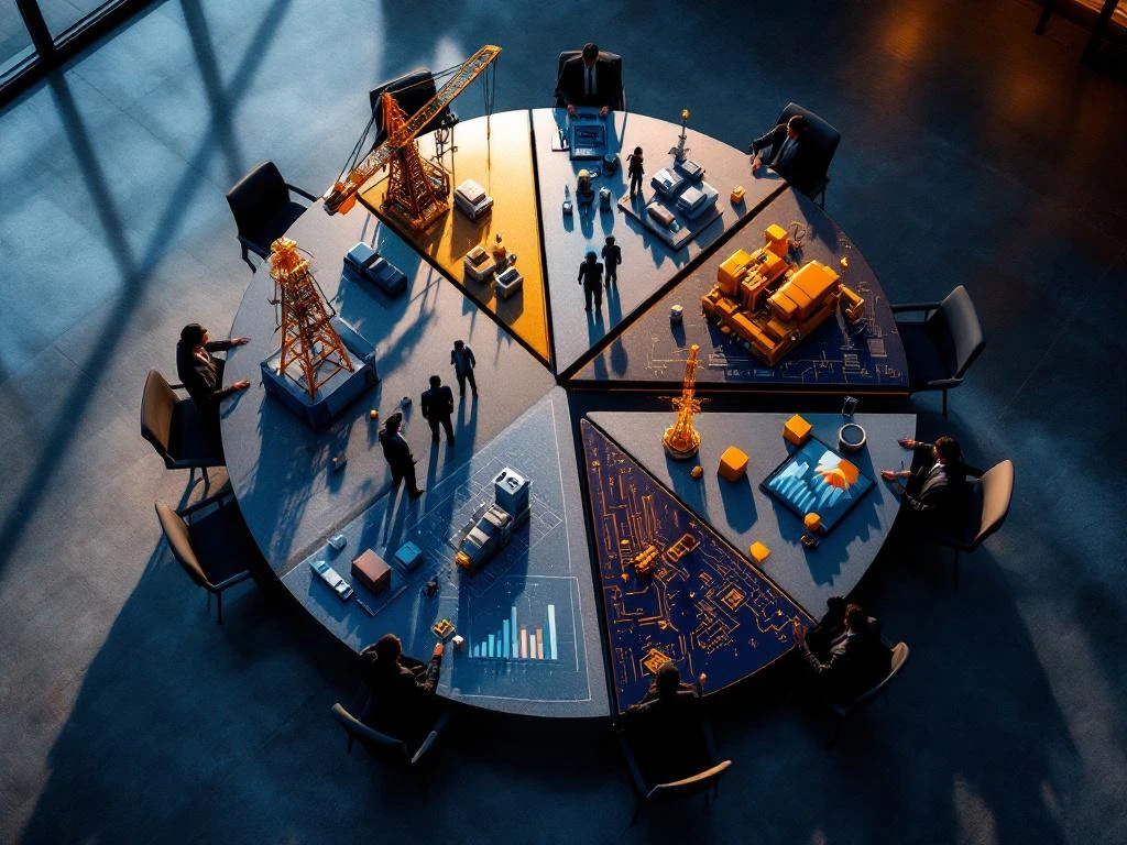 Luchtfoto van moderne bestuurskamer met taartdiagram-tafel, interim managers per sector met 3D-elementen en warme verlichting