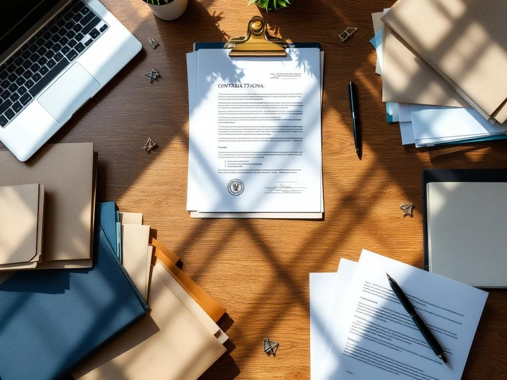 Georganiseerd kantoorbureau met officiële documenten, mappen en contracten in halve cirkel, laptop gedeeltelijk zichtbaar