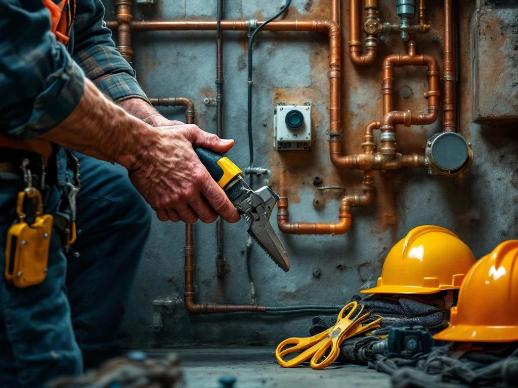 Verweerde handen houden loodgietergereedschap vast bij koperen leidingen en elektrische installaties in gebouw