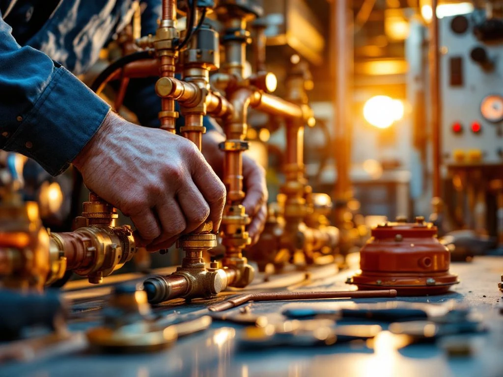 Vakkundige handen installeren koperen leidingen en elektrische buizen in moderne technische ruimte met professionele gereedschappen