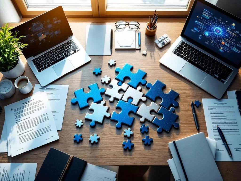 Bovenaanzicht van moderne werkplek met blauwe en zilveren puzzelstukjes, laptop, documenten en contracten op bureau