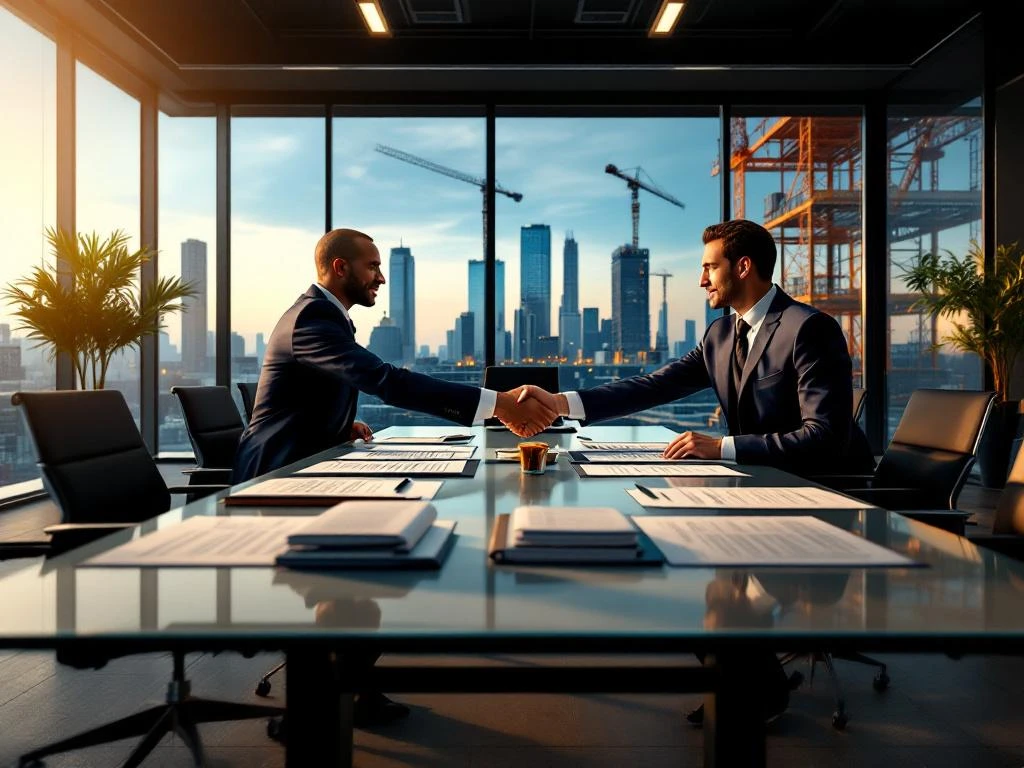 Twee zakenmensen schudden handen in modern kantoor met contracten op glazen tafel en bouwplaats op achtergrond