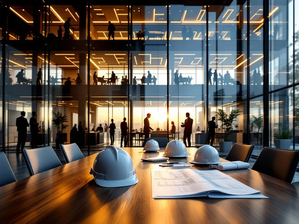 Modern glazen kantoorgebouw met professionals aan het werk, blauwdrukken en helmen op houten vergadertafel op voorgrond