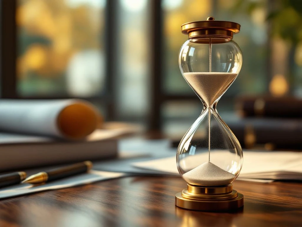 Zandloper met doorlopend zand op mahonie bureau in kantooromgeving, symboliseert timemanagement en strategische planning