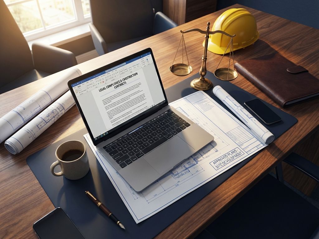 Gouden weegschaal naast bouwhelm op bureau met laptop, blauwdrukken en juridische documenten