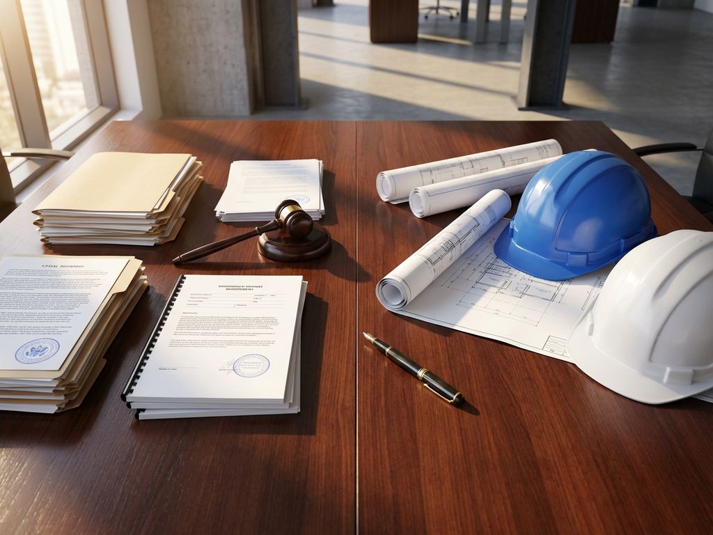 Bureau met juridische documenten, hamer, bouwplannen en helmen gescheiden door vulpen, bovenaanzicht