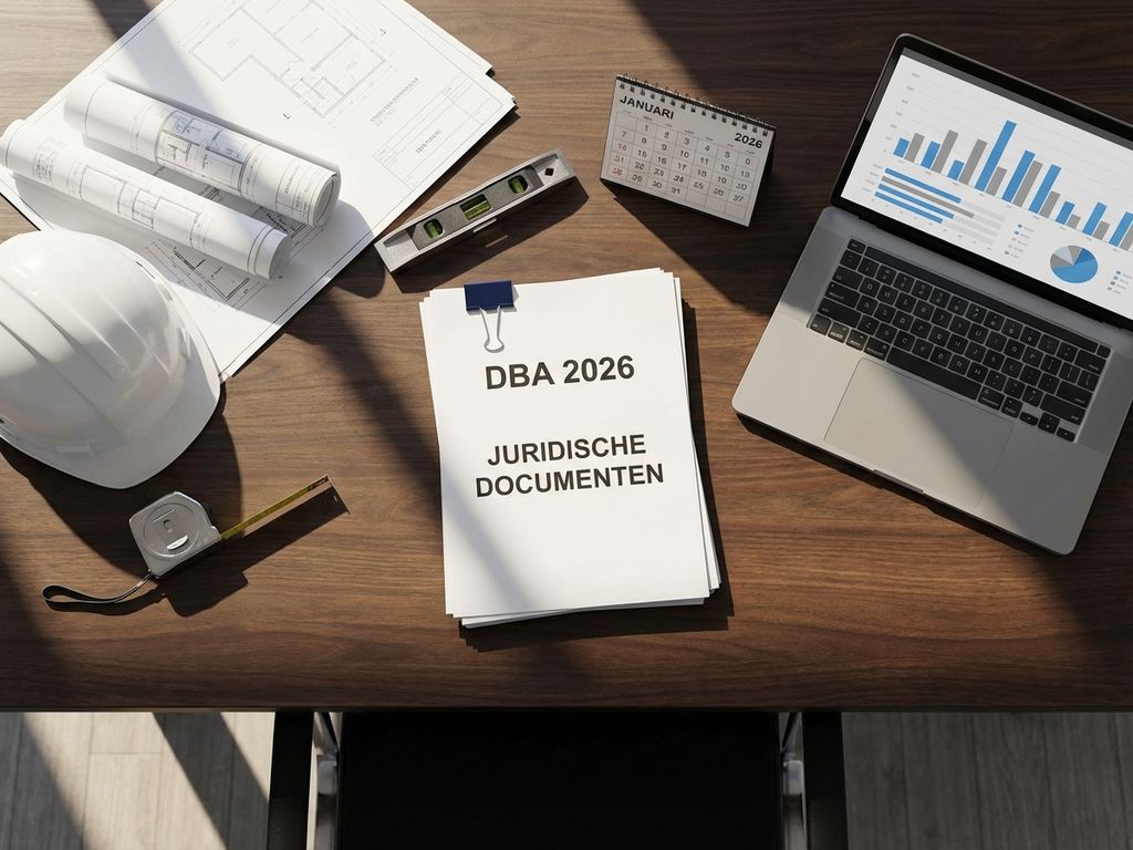 Bureauopstelling met DBA 2026 documenten, bouwplannen, laptop met grafieken en kalender op houten bureau met natuurlijk licht