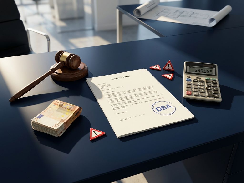 DBA-document op bureau met waarschuwingssymbolen, hamer, rode driehoeken en eurobiljetten in zakelijke omgeving