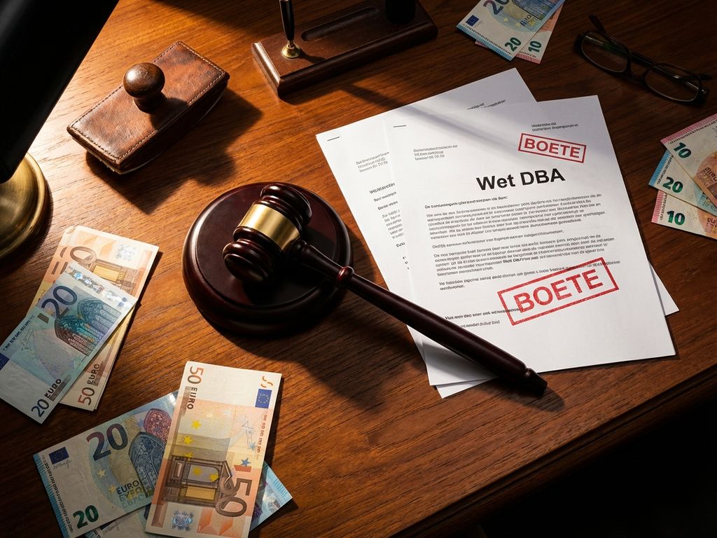 Hamer slaat neer op Nederlands juridisch document met BOETE-stempel, omringd door eurobiljetten en Wet DBA-papieren


Let me reconsider - that's 131 characters. Here's a shorter version:

Hamer op bureau naast Nederlandse BOETE-documenten, eurobiljetten en Wet DBA-papieren op houten ondergrond