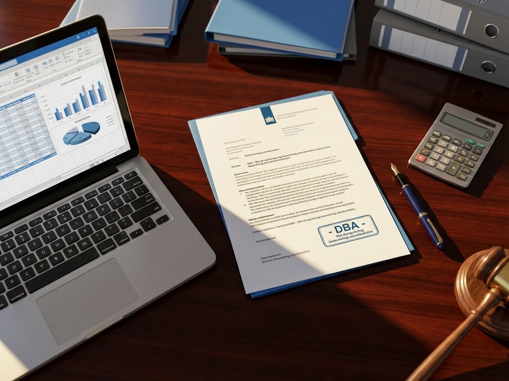DBA-document op mahonie bureau met laptop, rekenmachine en hamer voor ZZP-compliance in recruitment