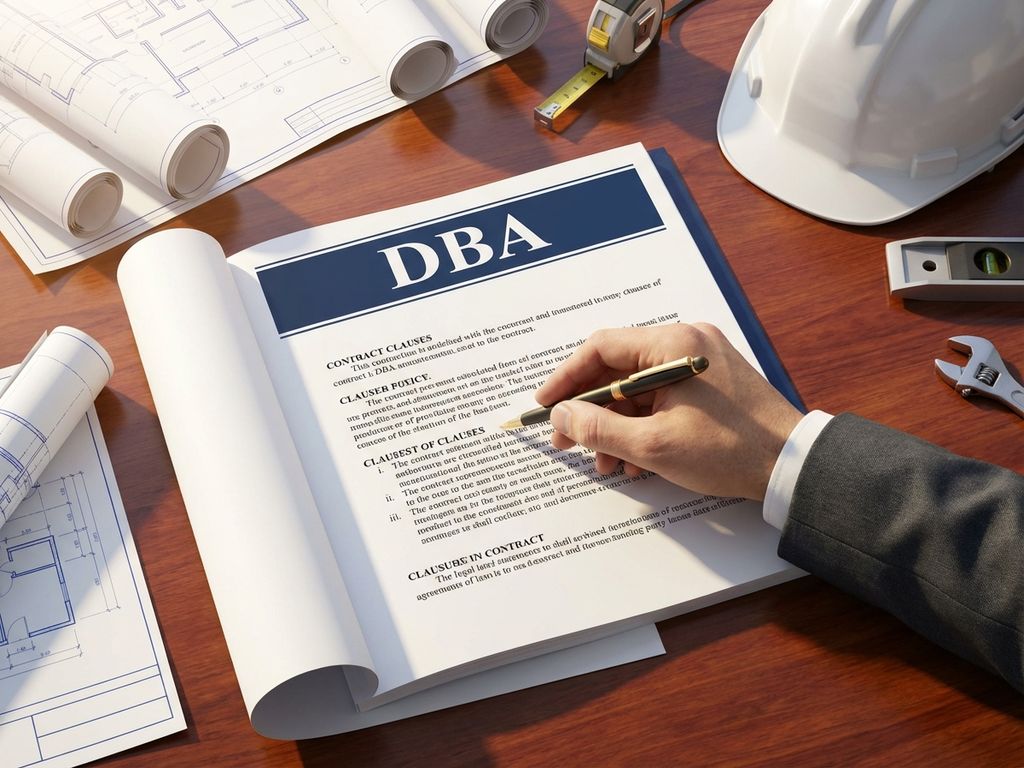 Bovenaanzicht van DBA-document op mahonie bureau met bouwplannen, helm en gereedschap met zakenhand die contractclausules aanwijst