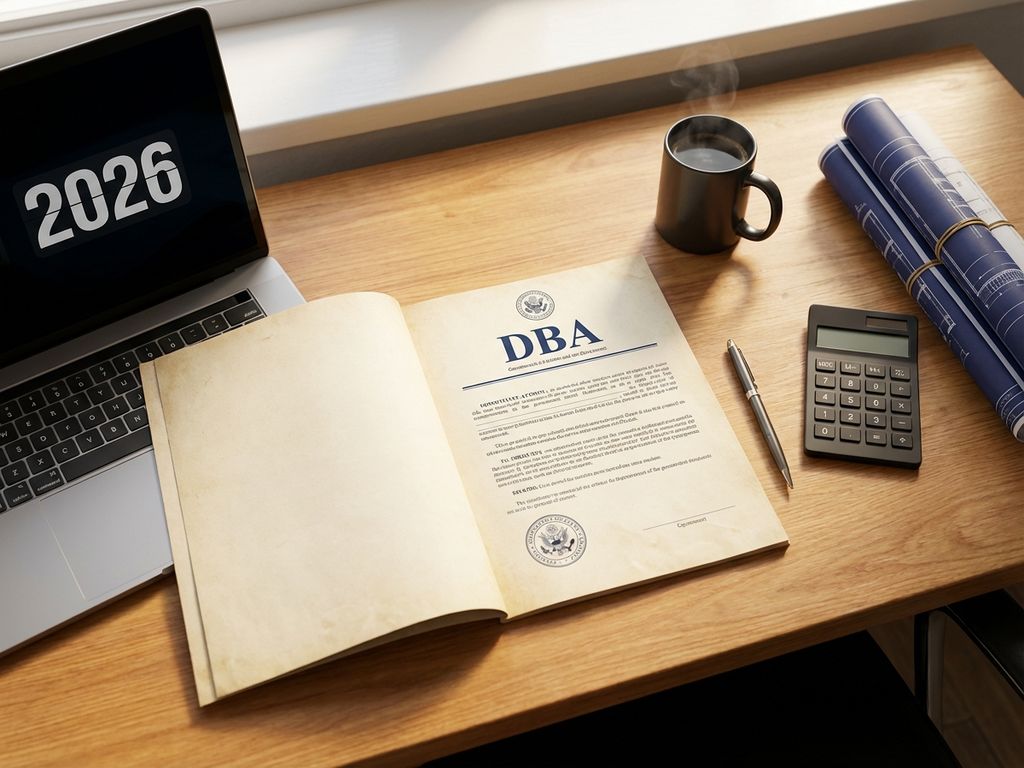 Bovenaanzicht bureau met open DBA-document, laptop met 2026 op scherm, rekenmachine en blauwdrukken voor recruitment