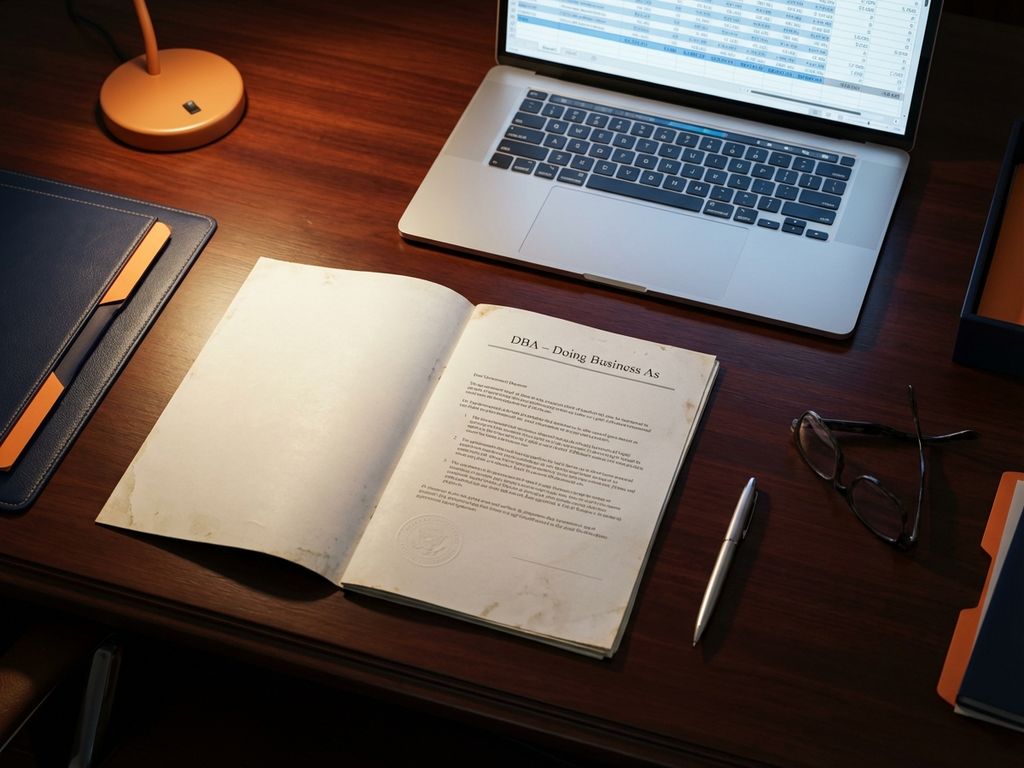 Open DBA-document op mahonieholten bureau met pen, bril en laptop met spreadsheetgegevens in professionele kantooromgeving