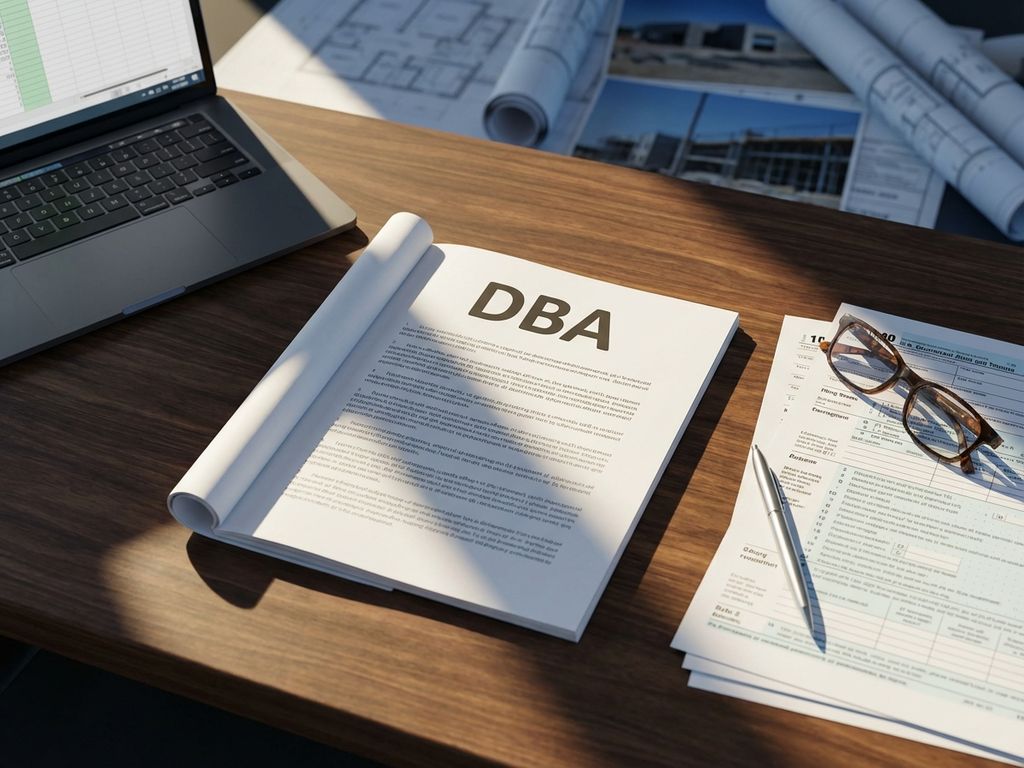 Bureau met open DBA-document, laptop met spreadsheets, pen en bril op donker hout met blauwdrukken op achtergrond