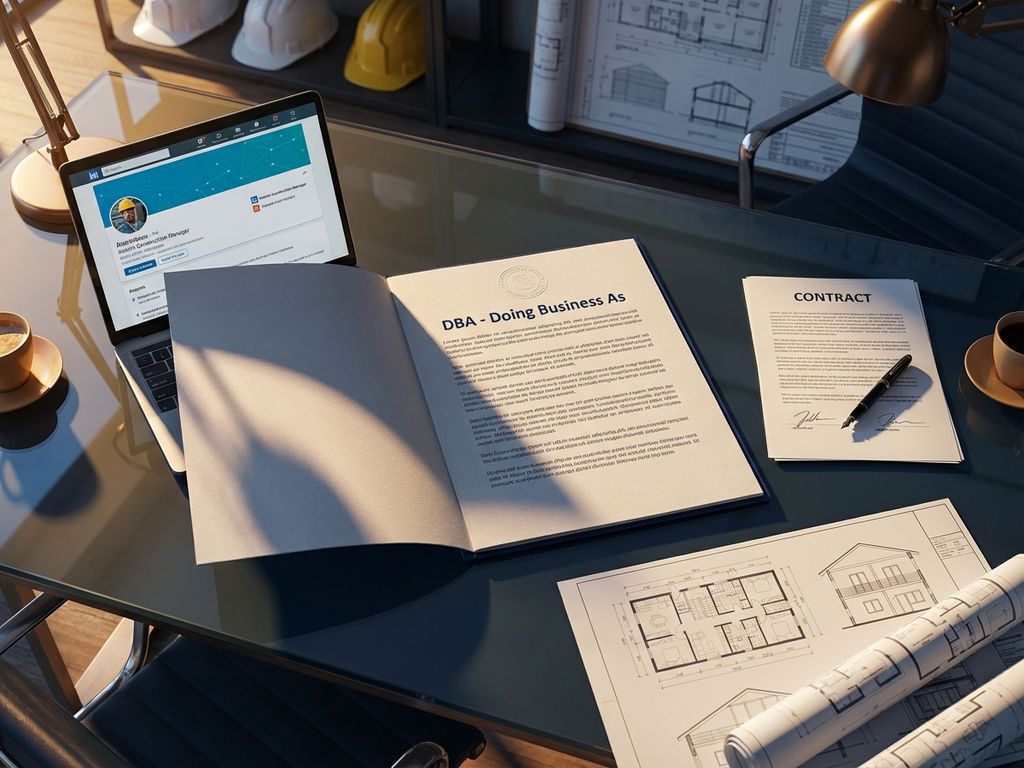 Bovenaanzicht van glazen bureau met DBA-document, laptop, getekend contract en bouwplannen met dramatische belichting