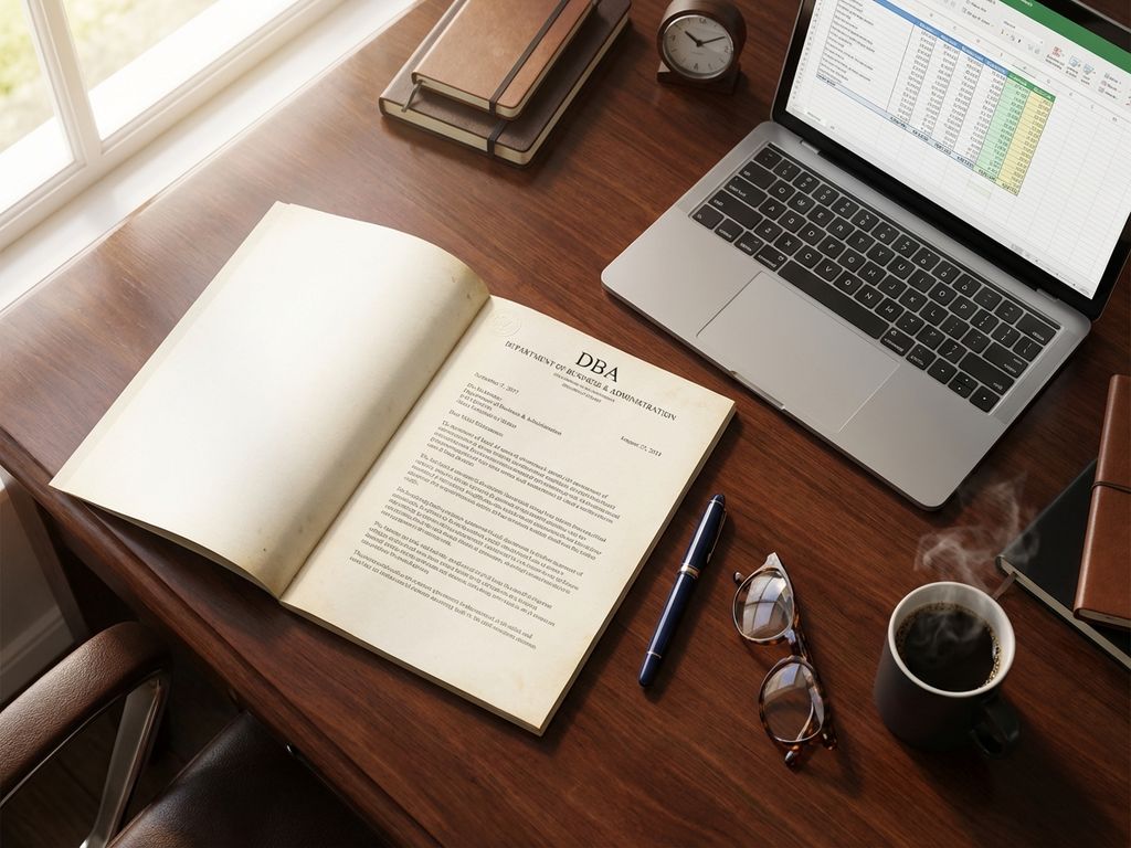 DBA-document op bureau met laptop, pen en koffie, bovenaanzicht met professionele werksfeer