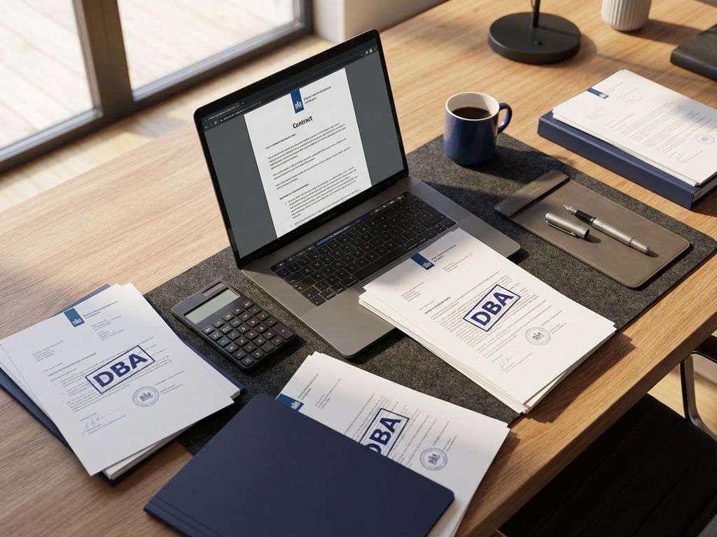 Bureautafel met laptop, DBA-documenten, calculator en koffie in modern kantoor met natuurlijk licht