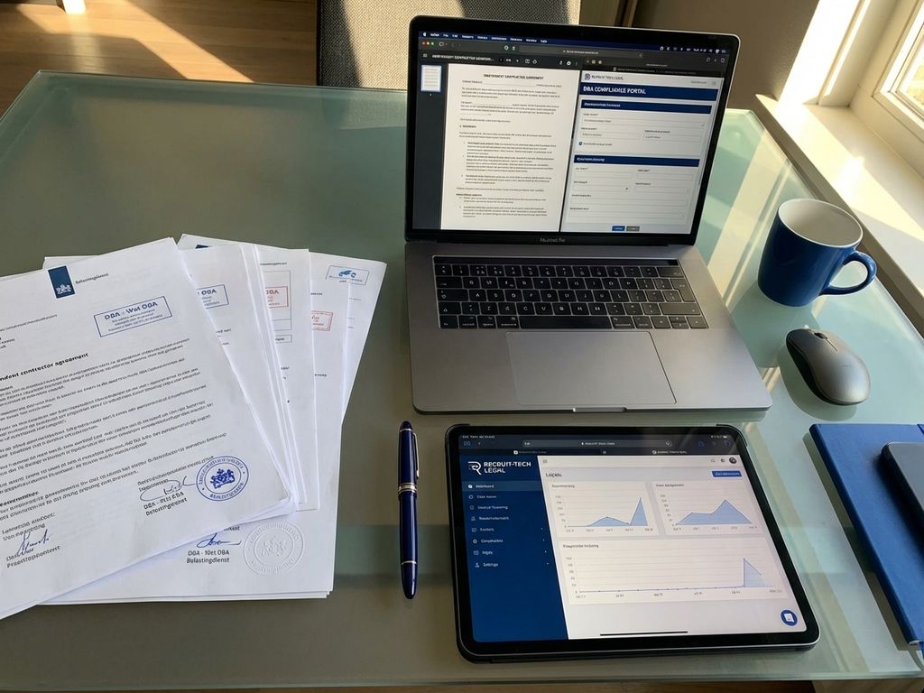 Bovenaanzicht bureau met laptop, DBA-documenten, officiële Nederlandse overheidsformulieren en digitale interface voor werving
