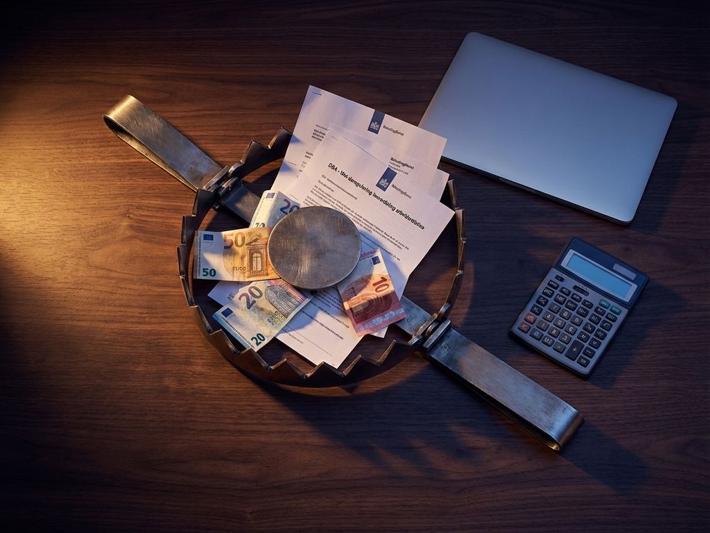 Berenval gesloten om eurobiljetten en DBA-belastingdocumenten op houten bureau, symboliseert financieel risico schijnzelfstandigheid