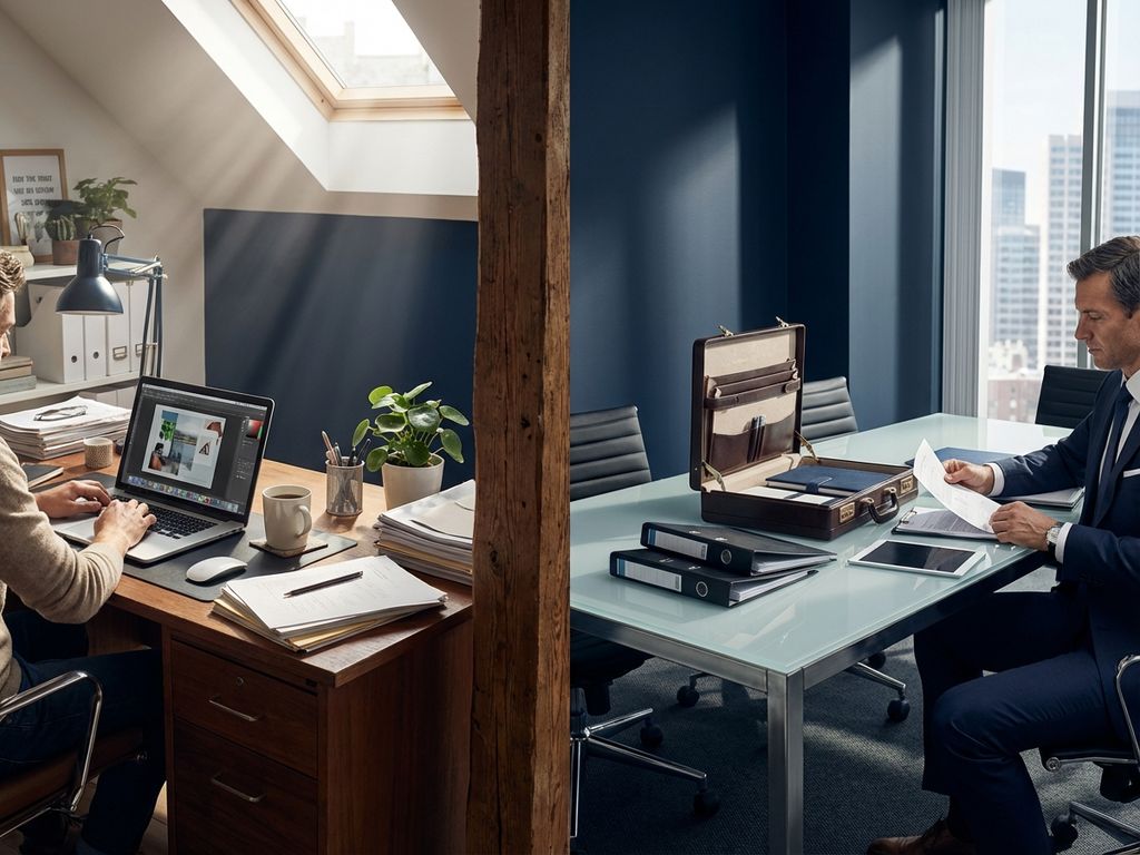 Gesplitste scène toont freelancer werkplek links en corporate interim management omgeving rechts, gescheiden door balk