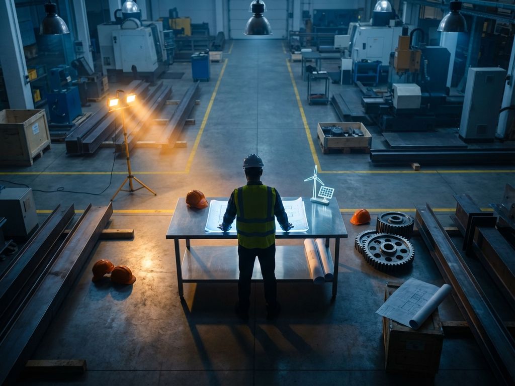 Interim manager bestudeert technische blauwdrukken op industriële werkvloer met bouwhelmen en tandwielen