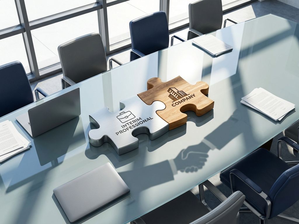 Twee puzzelstukken verbinden op vergadertafel: metalen stuk met aktetas en houten stuk met bedrijfsgebouw symbool