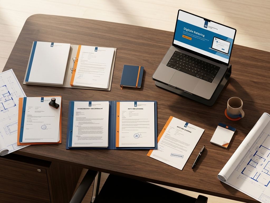 Nederlands bureau met juridische documenten, laptop met digitale formulieren en blauwdrukken voor vastgoed en bouw