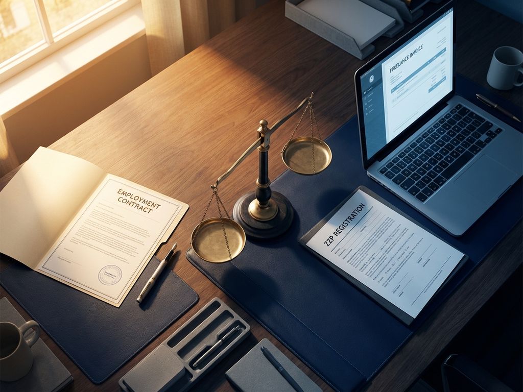 Weegschaal op bureau tussen arbeidscontract en freelance factuur, symboliseert balans tussen loondienst en zelfstandigheid