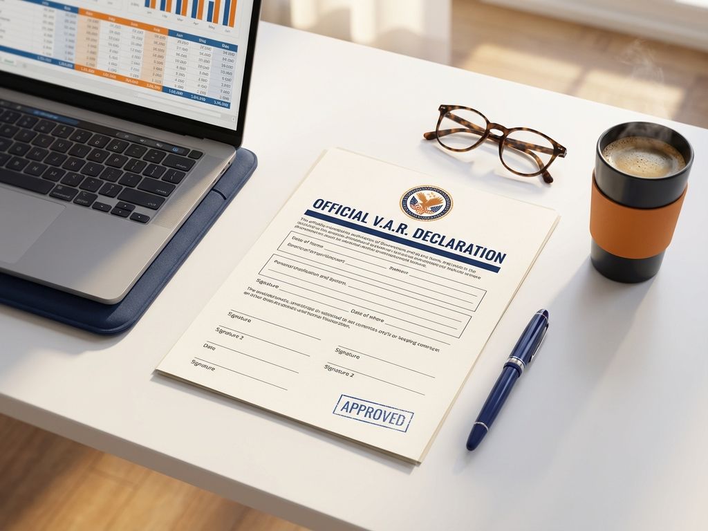 VAR-verklaringsdocument met officiële stempels op bureau met laptop, pen en koffie in professionele kantooromgeving