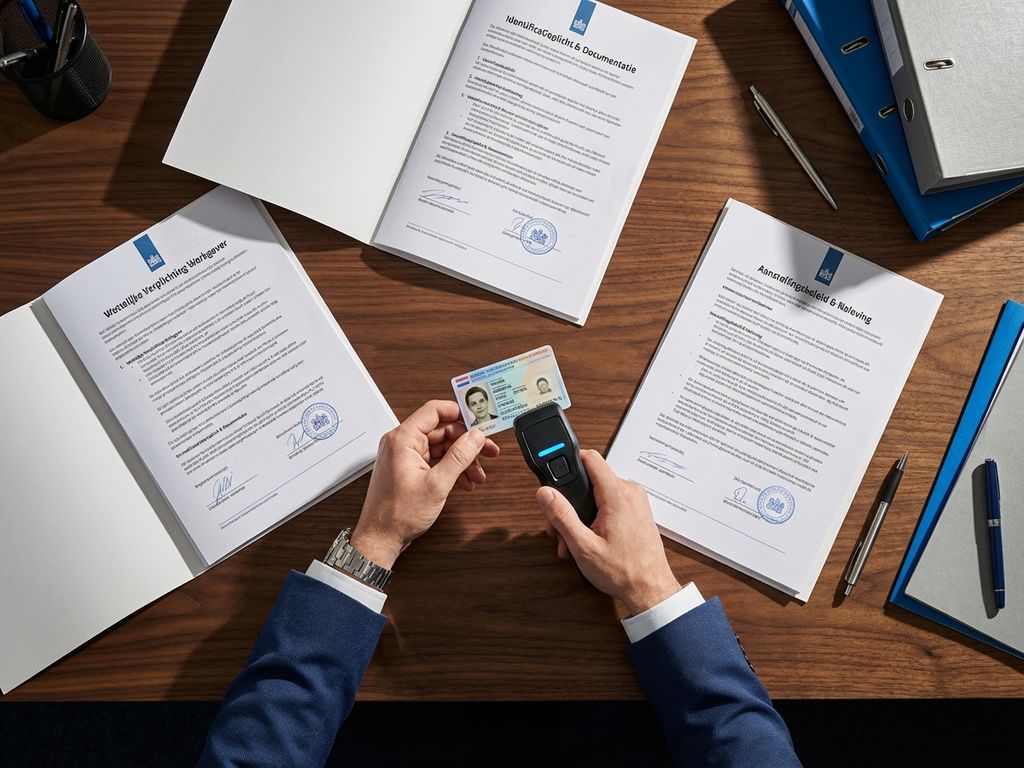 Hand scant Nederlandse identiteitskaart op bureau met wettelijke documenten voor werkgeversverificatie
