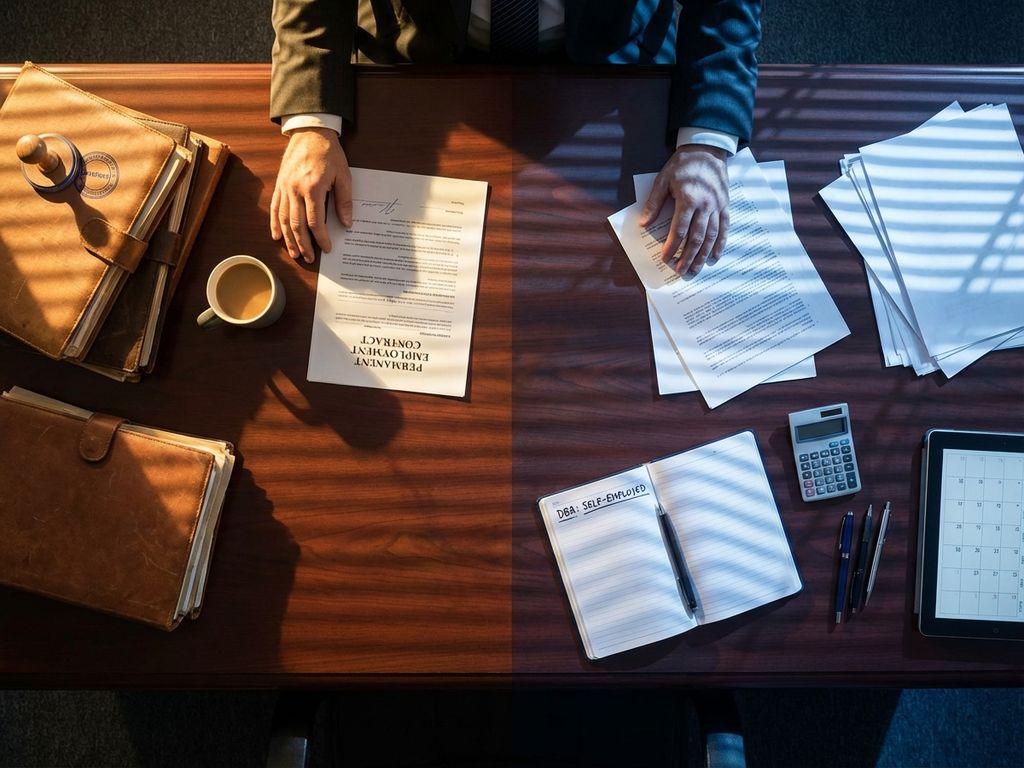 Handen boven bureau met arbeidscontract en DBA-documenten, symboliseert keuze tussen loondienst en zelfstandig ondernemerschap