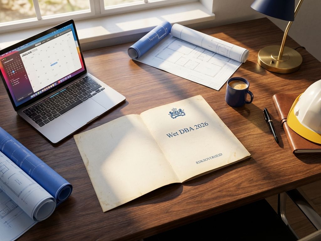 Wet DBA 2026 document op bureau met laptop, bouwplannen en professionele hulpmiddelen voor technische sector