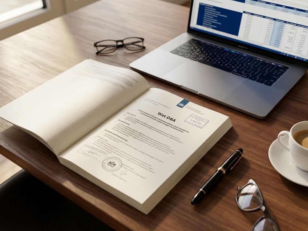 Open Wet DBA document op bureau met laptop, pen en koffie in professionele werkomgeving