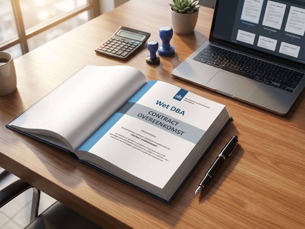 Bovenaanzicht van modern bureau met Wet DBA document, laptop met contractsjablonen, pen en rekenmachine