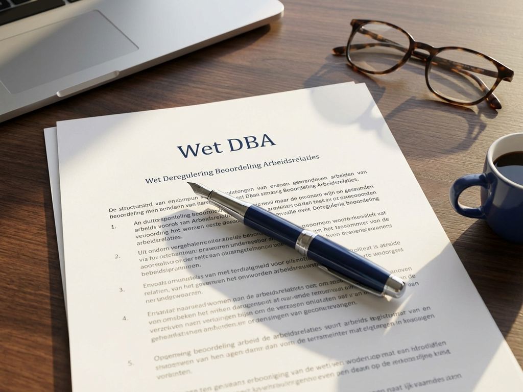Wet DBA document op bureau met vulpen, laptop en koffie in professionele werkruimte met natuurlijk licht