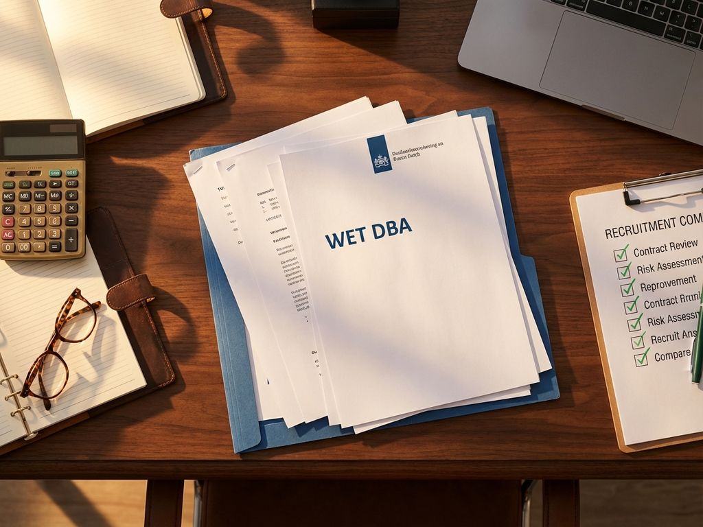 Wet DBA-documenten op bureau met calculator, bril en checklist voor Nederlandse arbeidsrecht compliance