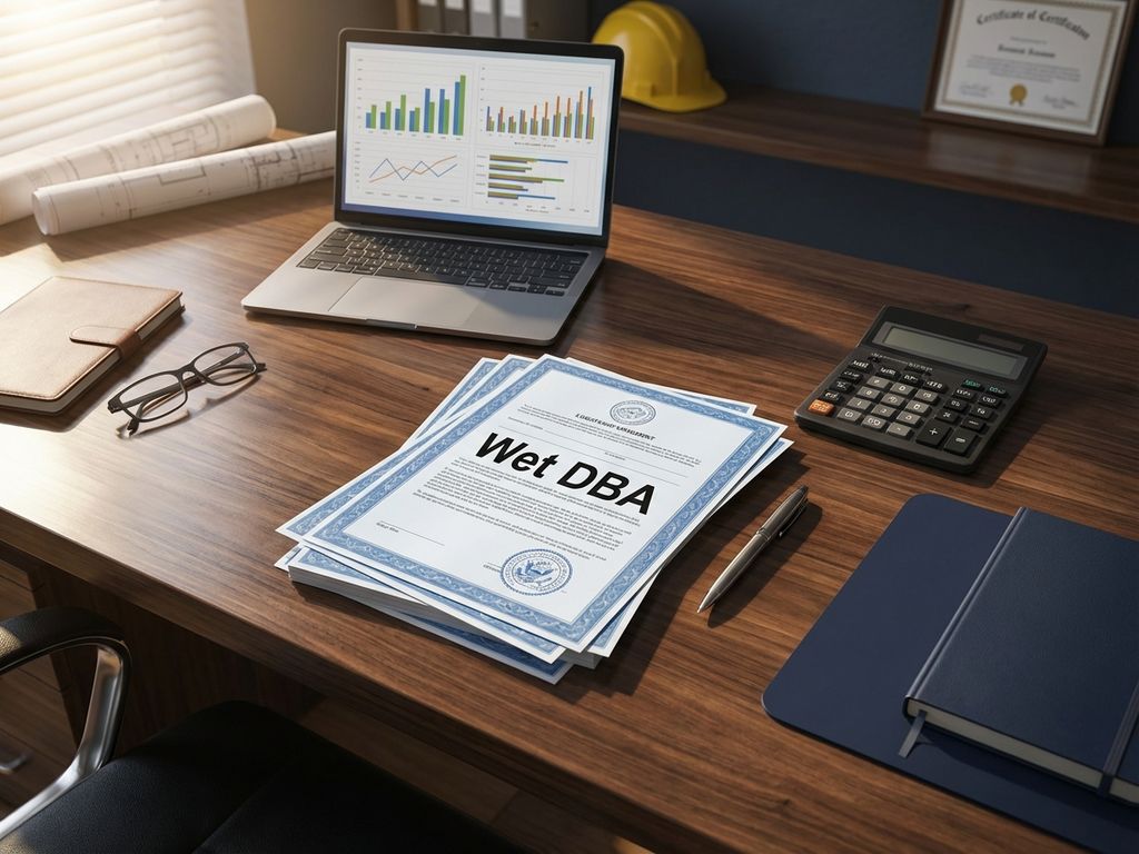Wet DBA documenten op bureau met laptop, calculator en bouwhelm op achtergrond voor technische recruitment